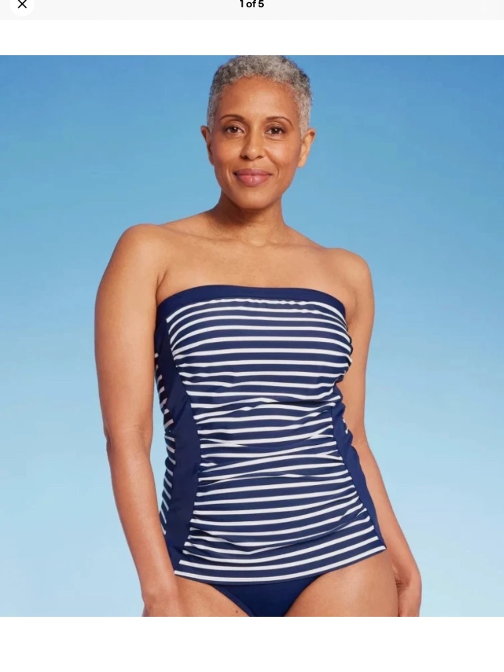 New Large Lands End Women's UPF 50 Striped Bandeau Tankini Top Navy Blue